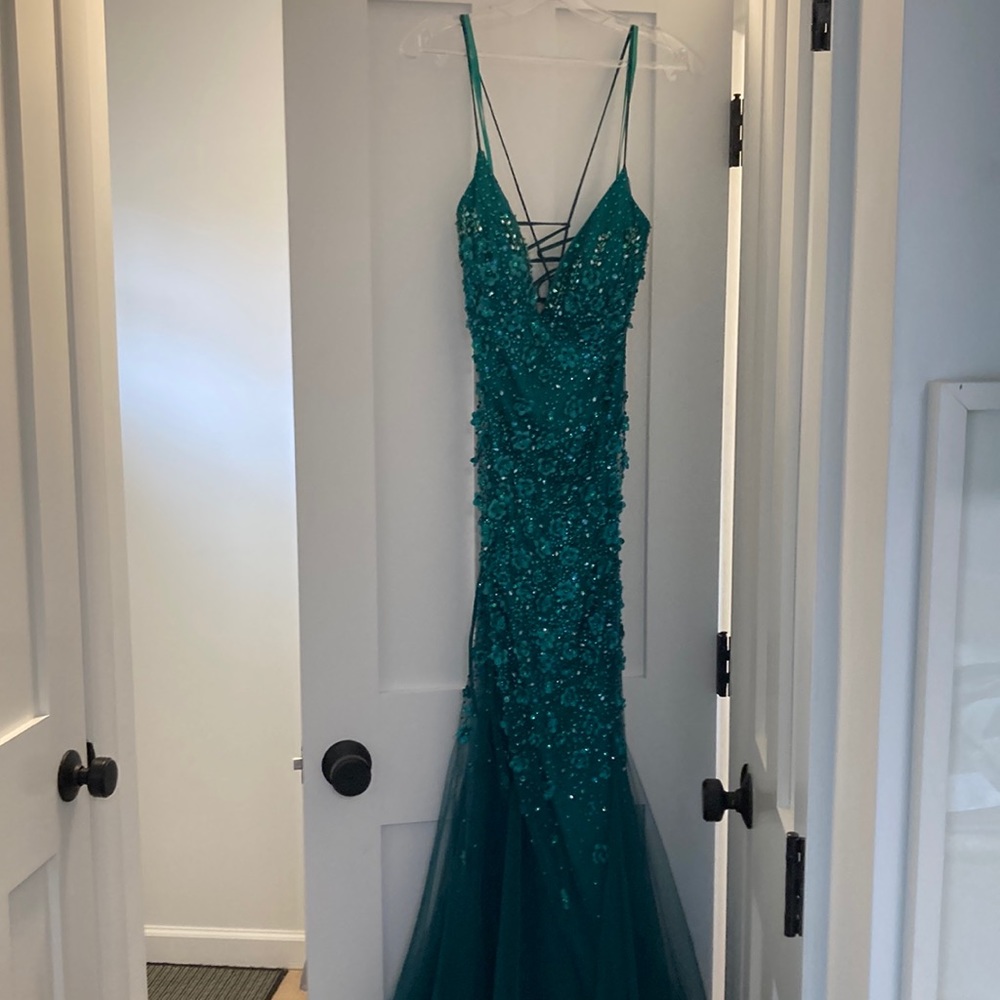 Emerald long beaded dress. Amelia Couture. Size 14
